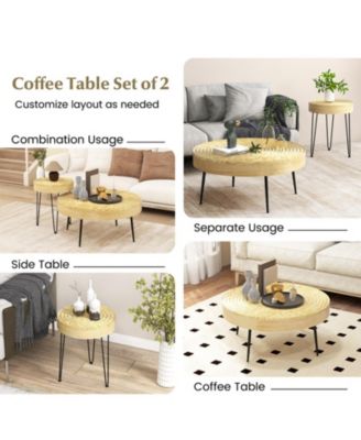 Set of 2 Solid Pine Wood Farmhouse Round Nesting Coffee Tables