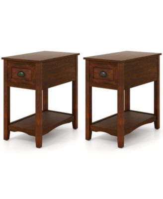 Set of 2 Retro Narrow End Tables with Drawer and Open Shelf