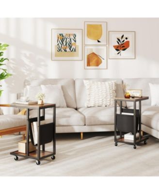 C-Shaped Side Table with Canvas Storage Pouch and Rolling Casters