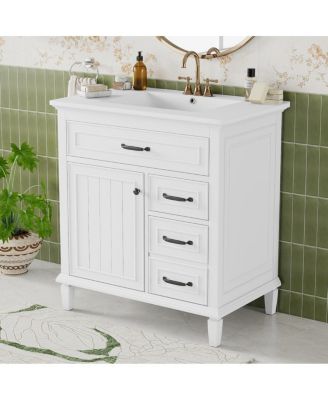 30 Inch Bathroom Vanity with Ceramic Sink, Solid Wood Freestanding Cabinet with Flip Drawer and Soft-Close Door