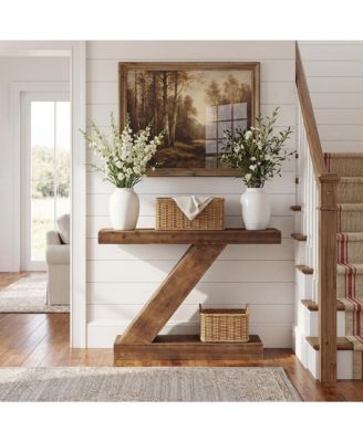 41.3” Solid Wood Console Table, Z-Shaped Entryway Table, Mid-Century Modern Sofa Table