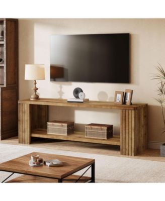 Solid Wood TV Stand for 55/60/65/75-Inch TVs, Farmhouse Entertainment Center with 2-Tier Storage Shelf, Fluted TV Consoles
