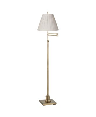Swing Arm Floor Lamp 70" Tall Antique Brass Box Pleated Cream Linen Drum Shade for Living Room Reading Bedroom