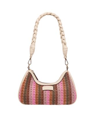 Woven Ribbon Zip Top Hobo Bag - Striped Woven Shoulder Bag with Braided Strap