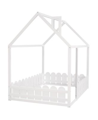 Full Size  Wood House Bed Frame with Surrounding Fence Roof Design for Kids Teens Boys and Girls