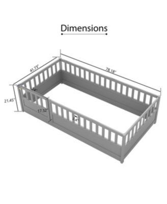 Twin Size Montessori Wooden Floor Bed With High Security Barrier And Door For Kids Bedroom