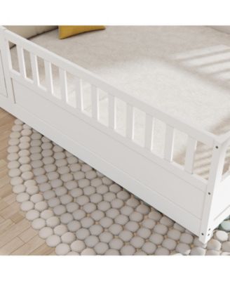 Full Size Montessori Wooden Floor Bed With Support Slat High Barrier And Door For Kids