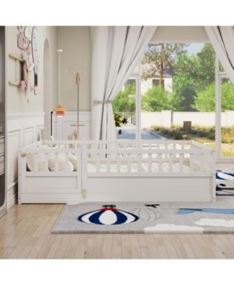 Full Size Montessori Wooden Floor Bed With Support Slat High Barrier And Door For Kids