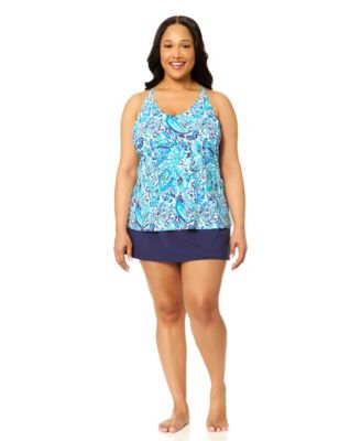 Plus Size Printed V-Neck Underwire Tankini Top