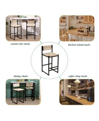 Paper Rope Woven Bar Stools Set of 2, Modern Counter Height Chairs with Metal Frame and Footrest for Kitchen Island