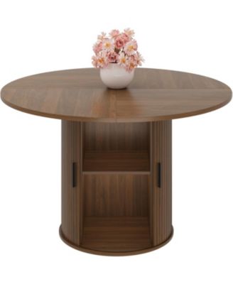 47 Inch Round Dining Table for 4, Kitchen Table Dinner Table with 2-Layer Storage Shelf and Wood Slide Door for Home Dining Room Living Room