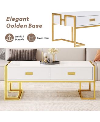 Rectangular Coffee Table, Modern 47.4" Center Table with 4 Drawers and Gold Metal Base for Living Room