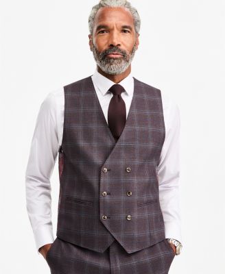 Men's Classic-Fit Burgundy Plaid Suit Separate Double-Breasted Vest