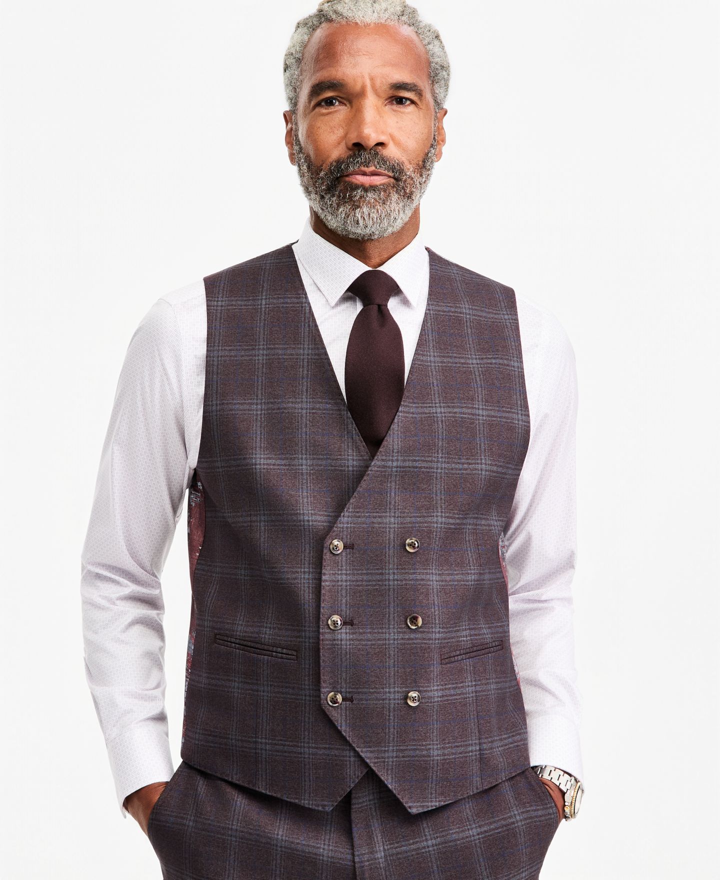 Мужской жилет Tayion Collection Classic-Fit Burgundy Plaid Suit Separate Double-Breasted Vest, цвет: Бордовый — фото 1