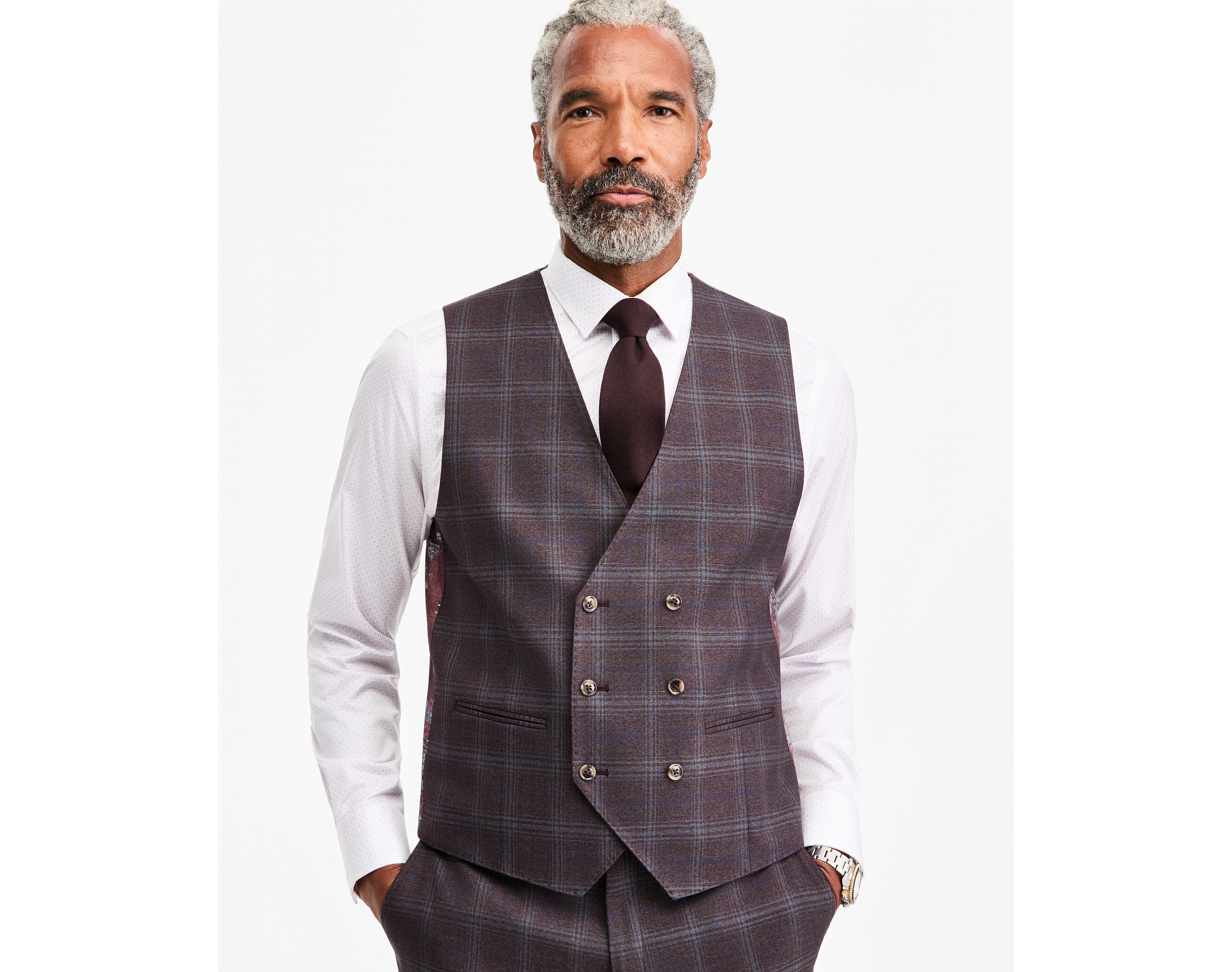 Tayion Collection Men's Classic-Fit Burgundy Plaid Suit Separate Double-Breasted Vest