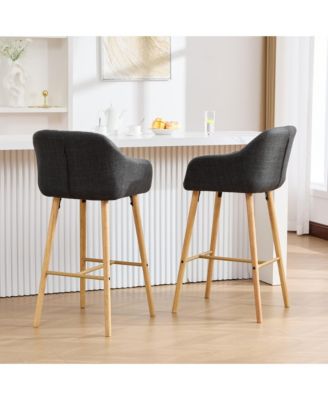 Bar Stools Set of 2 - Linen Fabric Upholstered Counter Height Chairs with Back, Footrest and Solid Wood Legs for Kitchen Island