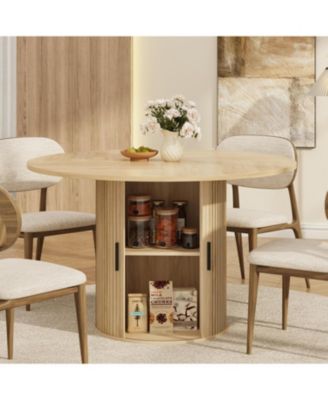 47 Inch Round Dining Table for 4, Kitchen Table Dinner Table with 2-Layer Storage Shelf and Wood Slide Door for Home Dining Room Living Room