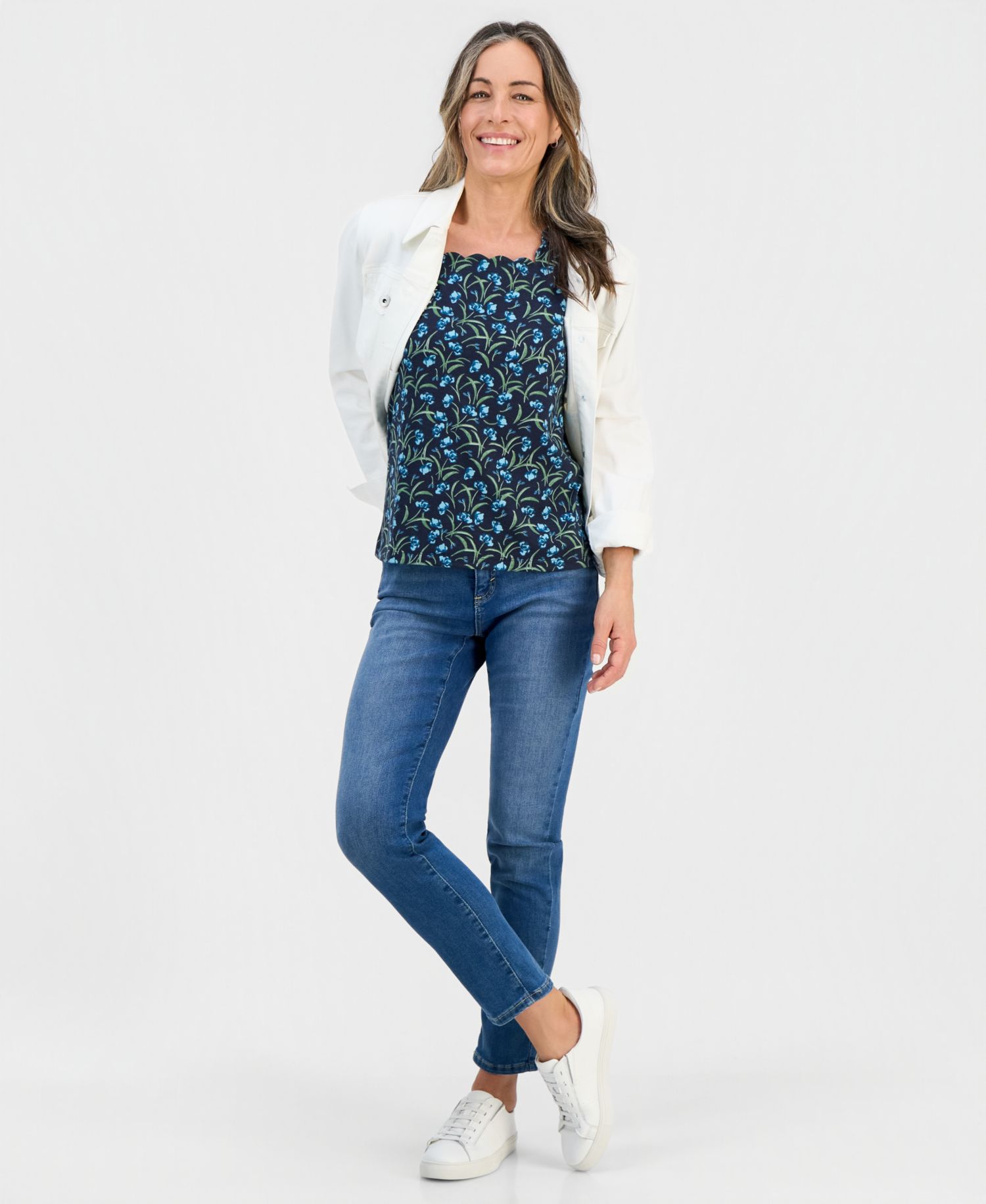 Plus Size Printed Scalloped Square-Neck Top