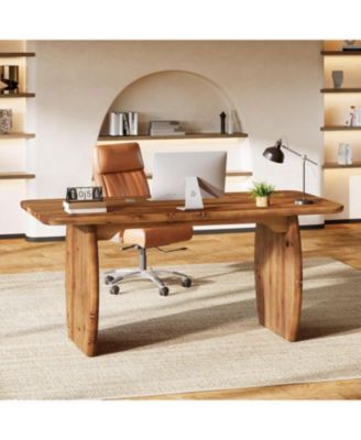 63-Inch Solid Wood Executive Desk, Large Office Computer Desk with Sturdy Wooden Legs, Farmhouse Writing Table