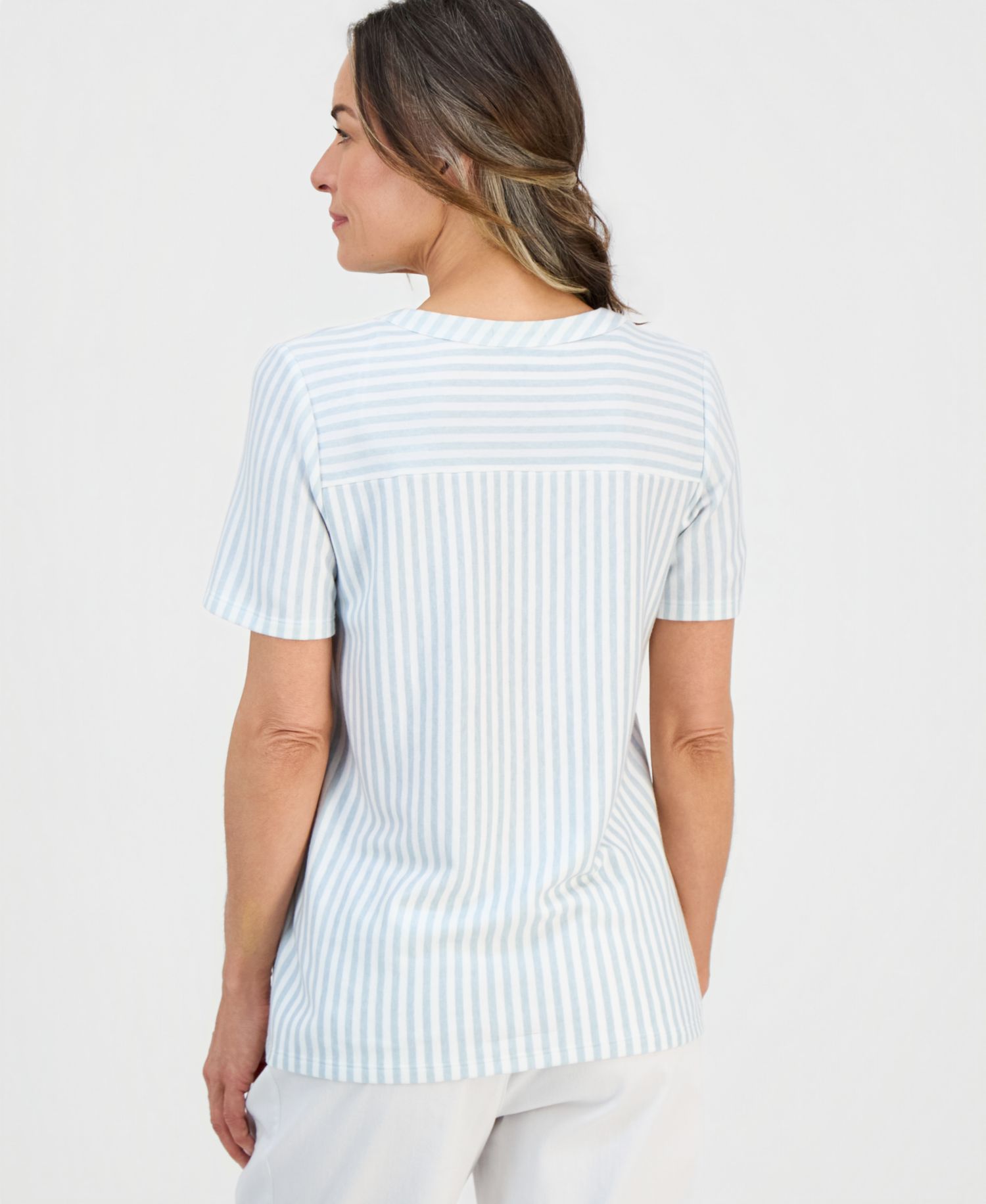Petite Striped Short-Sleeve Yoke Top