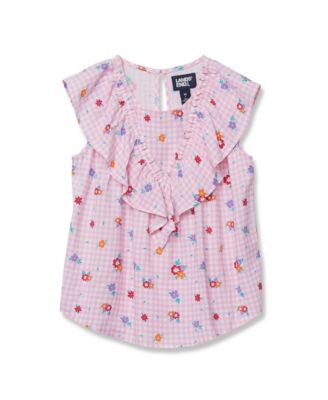 Lands End Girls Breezy V-Neck Ruffle Top - Pink gingham floral 32$