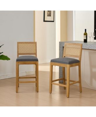 Rattan Bar Stools Set of 2 - Linen Fabric Upholstered, High-Resilience Foam and S-Springs, Counter Height Chairs for Kitchen Island
