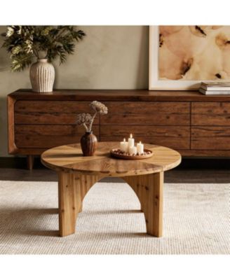 Solid Wood Round Coffee Table, Farmhouse Center Table with Curved Legs, Circle Cocktail Tea Table