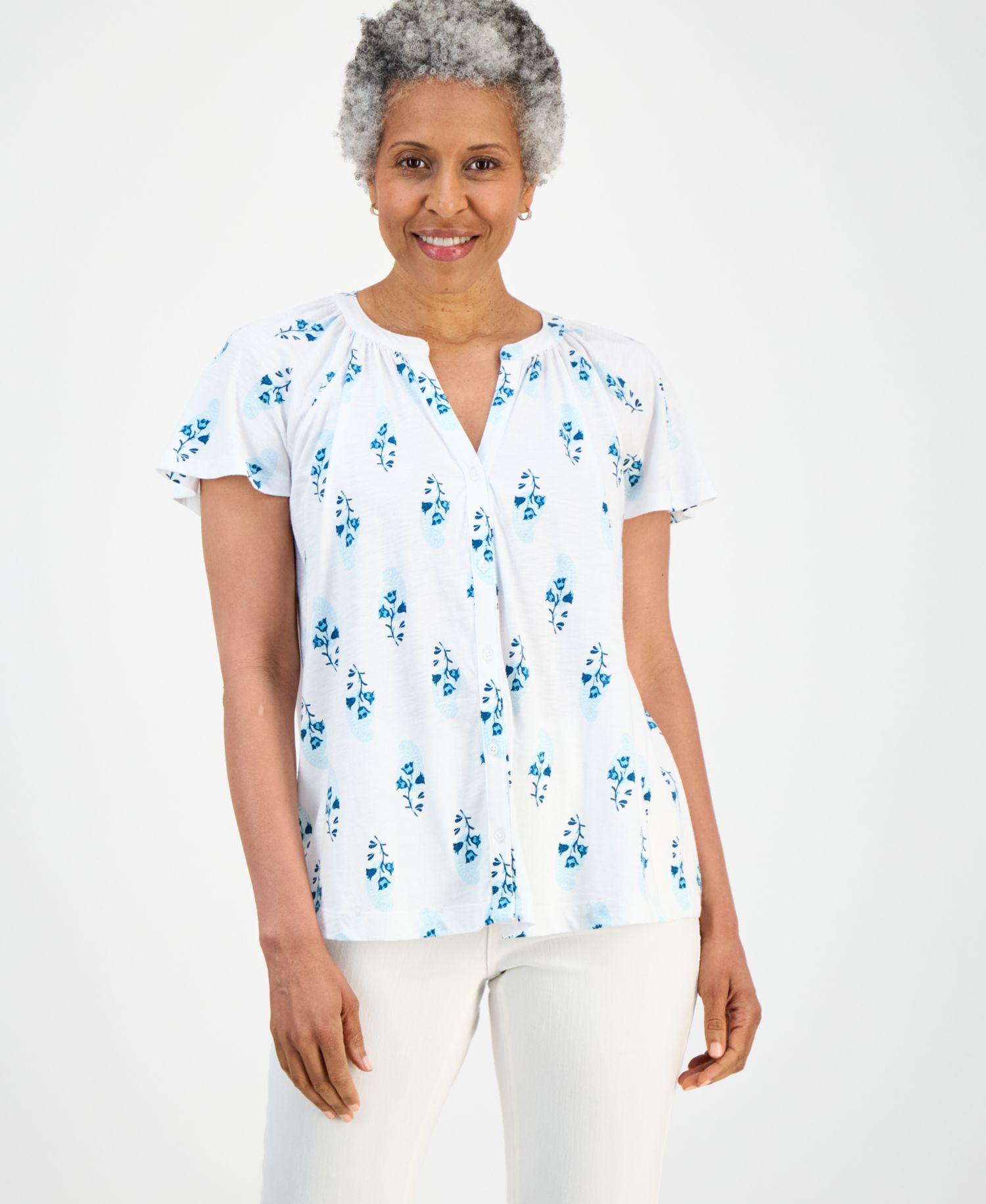Petite Printed Button-Front Short-Sleeve Top