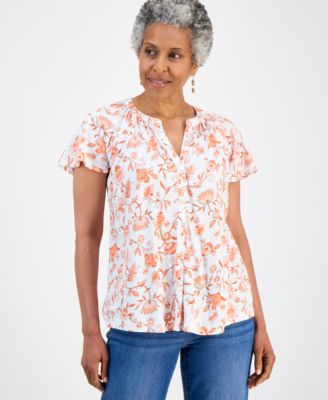 Petite Printed Button-Front Flutter-Sleeve Top