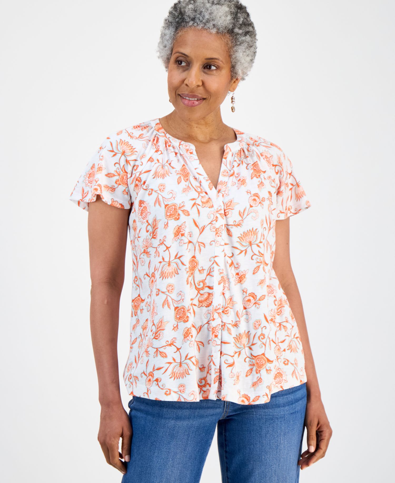Petite Printed Button-Front Flutter-Sleeve Top