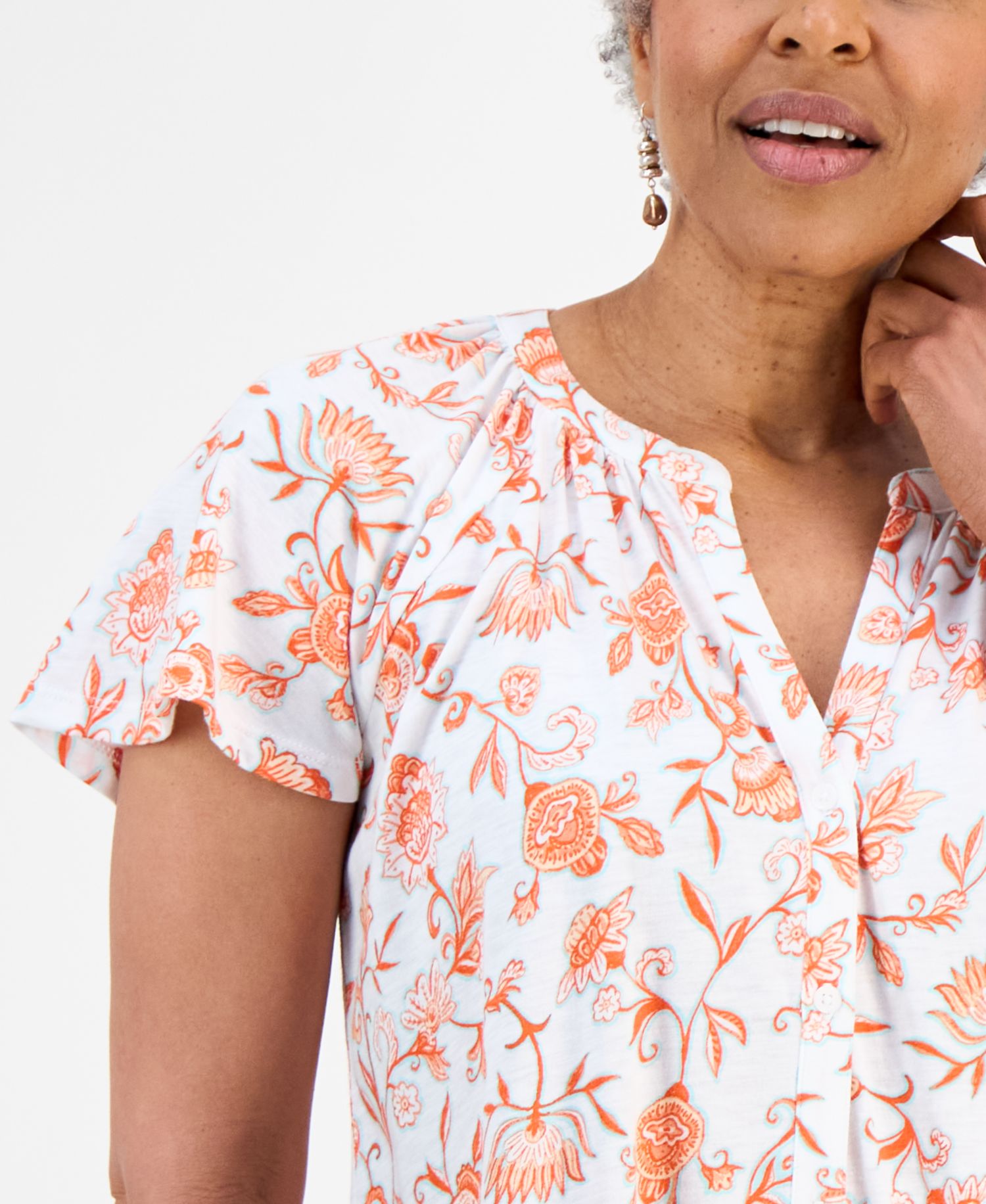 Petite Printed Button-Front Flutter-Sleeve Top