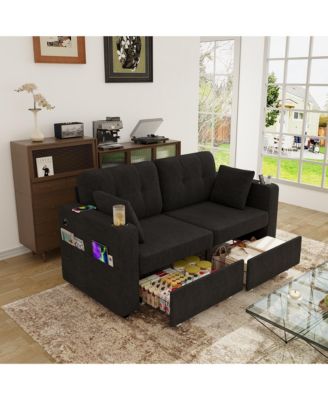 Modern 2-Seater Chenille Couch, 67 Inch Loveseat Sofa with USB Ports, Cup Holders, Storage and Solid Wood Frame for Living Room