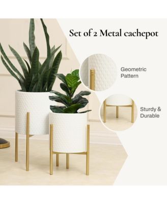 2-Piece Diamond Pattern Round Metal Cachepot Planter Set