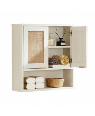 Rattan Wall Mounted Bathroom Cabinet Adjustable Shelf Over Toilet Storage Organizer Boho Style