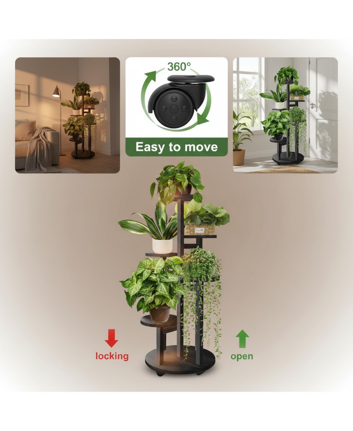 Yigii 5 Tiered Wood Plant Stand Indoor with Wheels Multi-Tier Flower Pot Holder for Living Room Balcony Garden