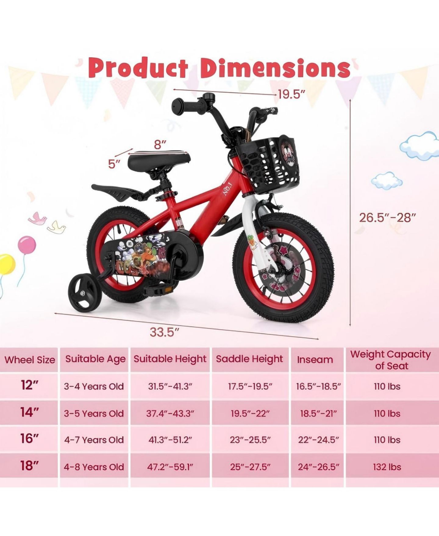 Детская игрушка HONGGE 12-Inch Steel Kids Bike with Adjustable Seat and Storage Basket, Ages 3-4, цвет: Красный — фото 3