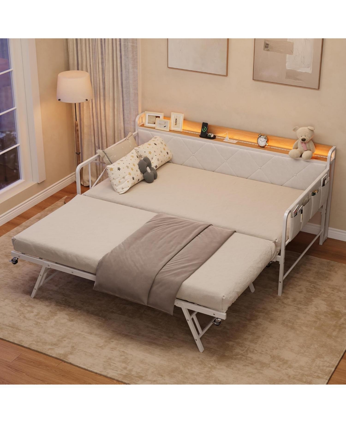 gaomon Daybed with Trundle and Led Lights, Upholstered Headboard with Charging Station, Sofa Bed for Living Room or Bedroom