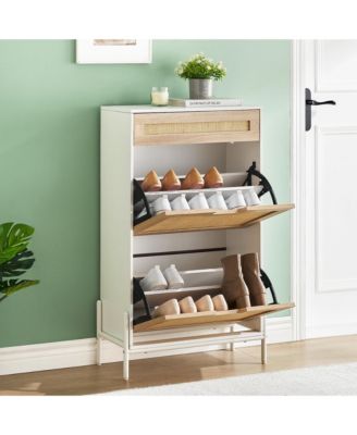 Rattan Freestanding Shoe Cabinet - 2 Flip +1 Drawer Entryway Shoe Rack Storage Organizer