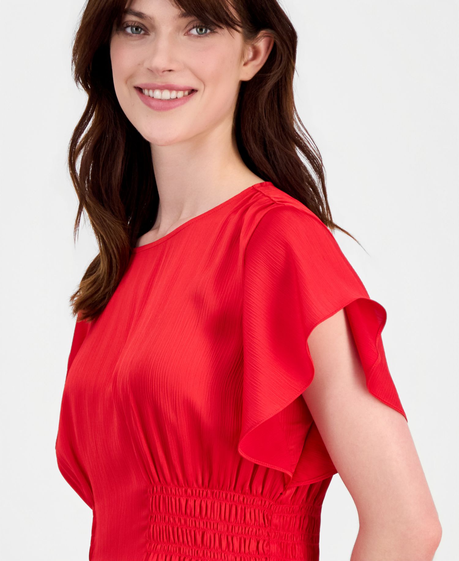 Petite Smocked Flutter-Sleeve Smocked-Waist Top