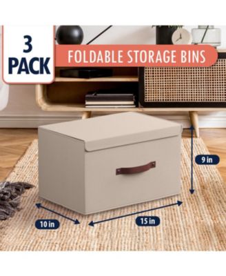 3 Pack Foldable Linen Storage Bin with Faux Leather Handles and Lid
