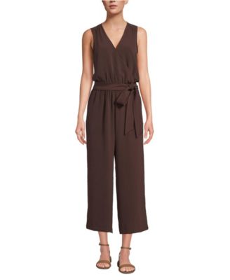 Petite Sleeveless Creaseless Wrap Jumpsuit with Smocked Waist
