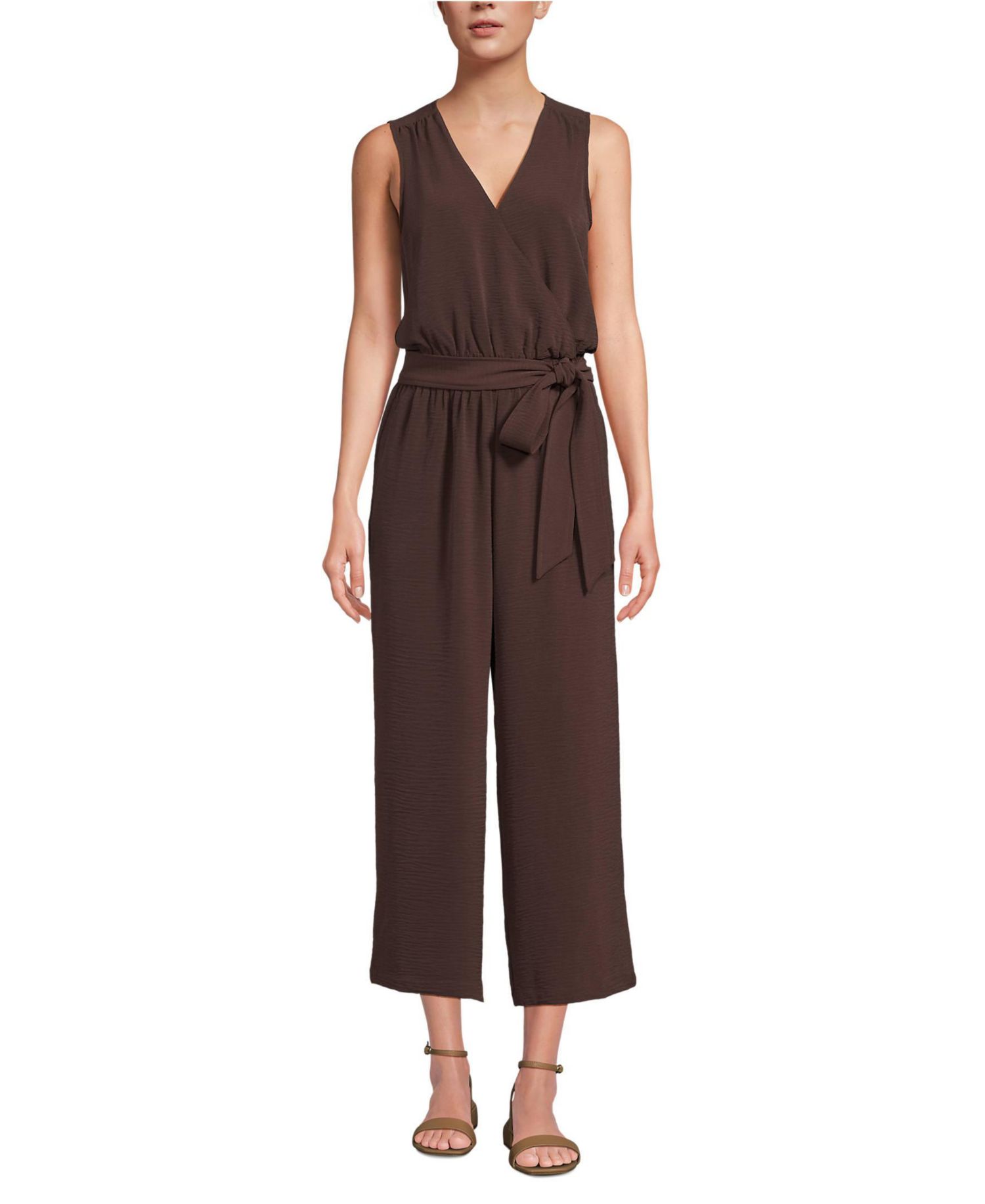 Petite Sleeveless Creaseless Wrap Jumpsuit with Smocked Waist