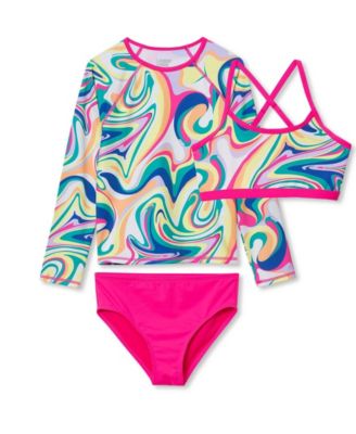 Girls Chlorine Resistant Long Sleeve Rash Guard Bikini 3 Piece Swimsuit Set
