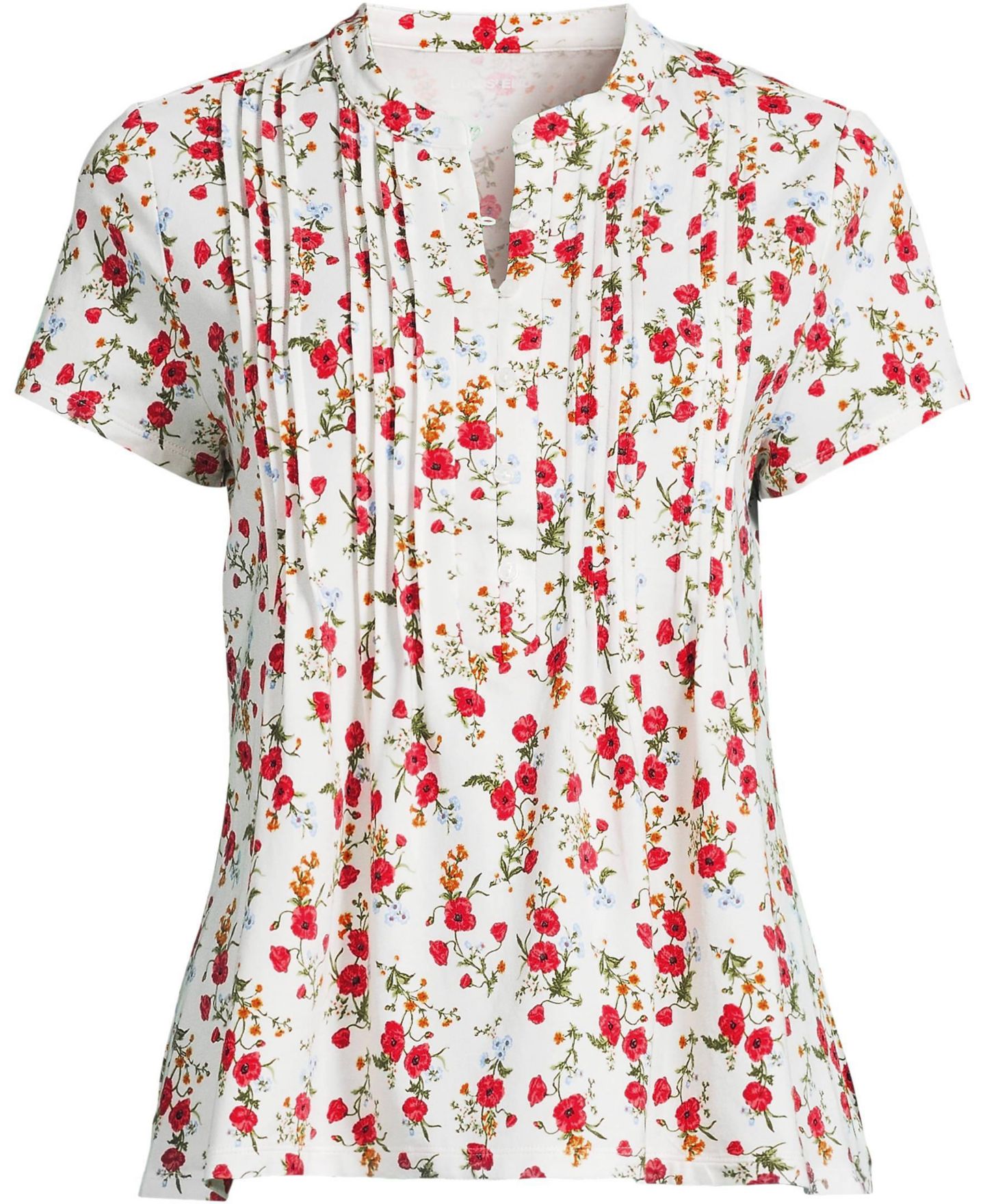 Женский топ Lands' End Plus Size Lightweight Jersey Button Pintuck, цвет: Слоновая кость маковый с принтом — фото 3