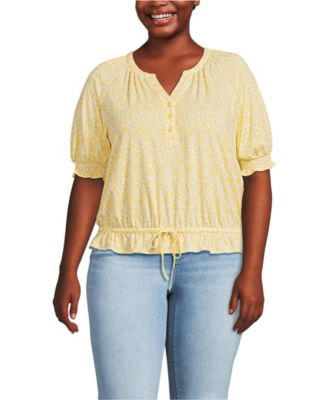 Plus Size Elbow Sleeve Lightweight Jersey Gathered Adjustable Hem Blouse