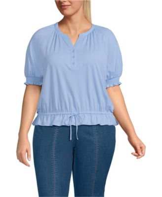 Plus Size Elbow Sleeve Lightweight Jersey Gathered Adjustable Hem Blouse