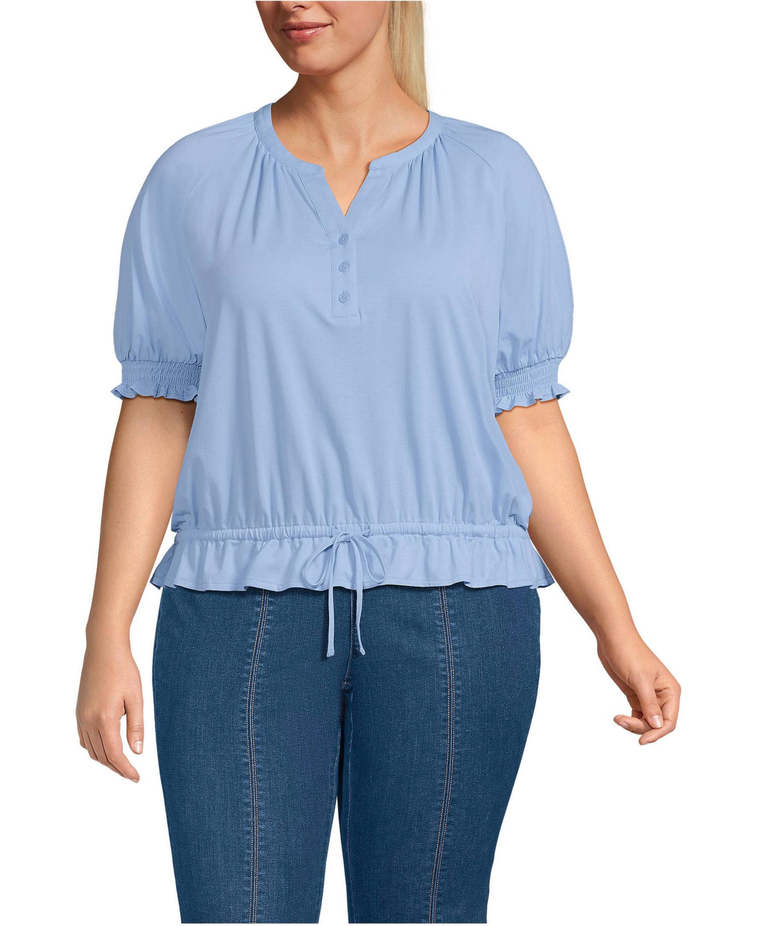 Plus Size Elbow Sleeve Lightweight Jersey Gathered Adjustable Hem Blouse