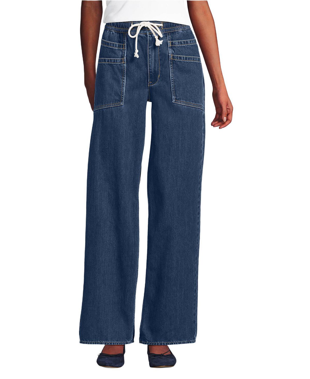 Lands' End Petite Lightweight Denim High Rise Relaxed Straight Pull On Pocket Jeans view 2 — MAYCSS fashion products