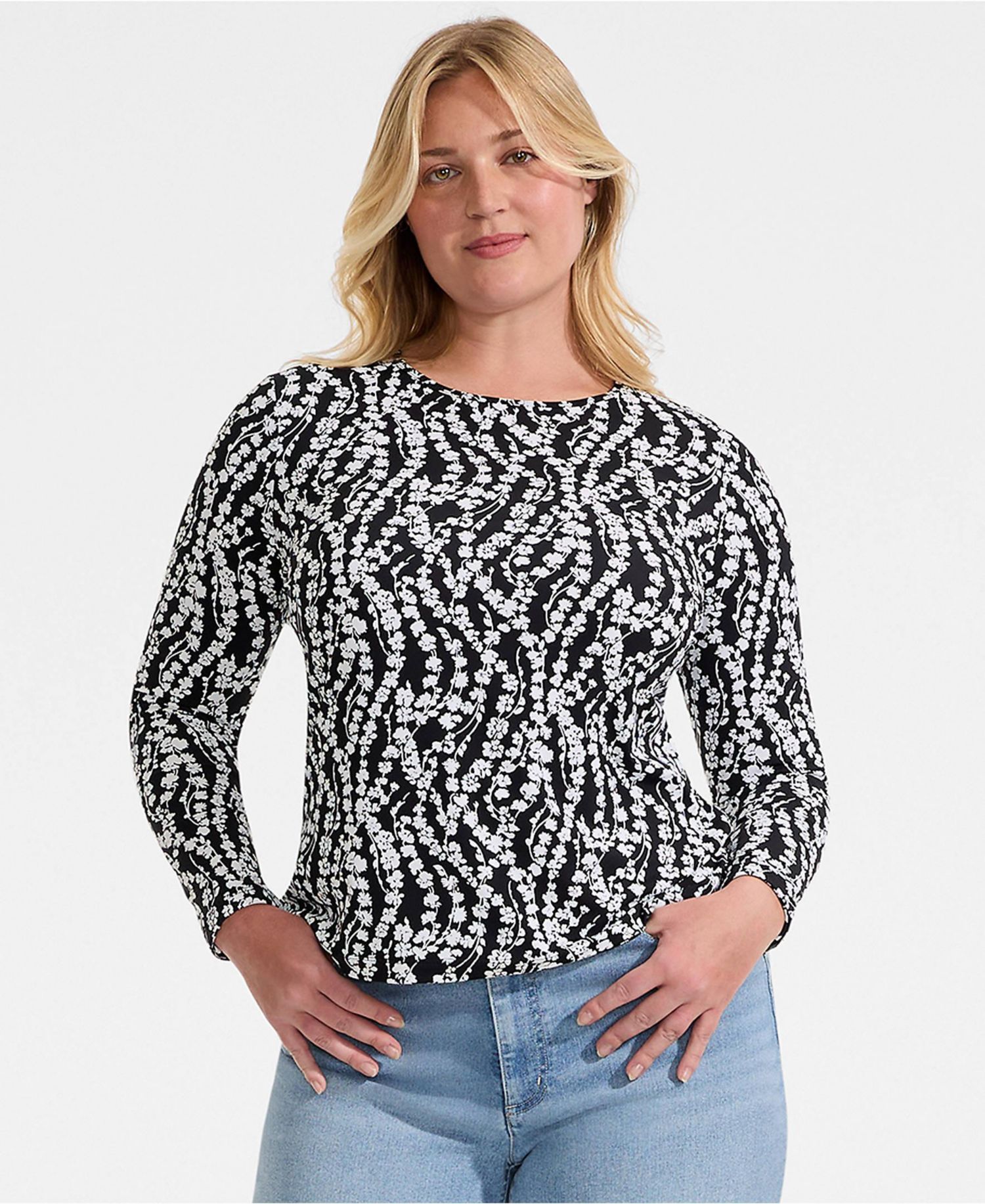Plus Size Long Sleeve Crewneck Garden Tee - Sunshade UPF 50 Quick Dry