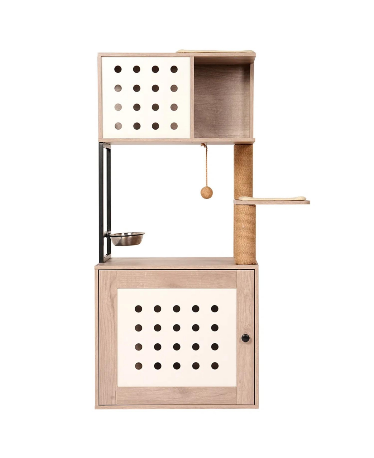 Zeus and Ruta Cat Tree with Litter Box Enclosure with Large Hammock Bed Food Station Scratching Posts Modern Pet Furniture